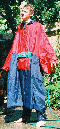 poncho blue red garden hose pipe