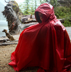 poncho cape red hood thunderstorm huddle