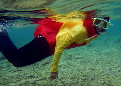 snorkeling anorak red yellow hood